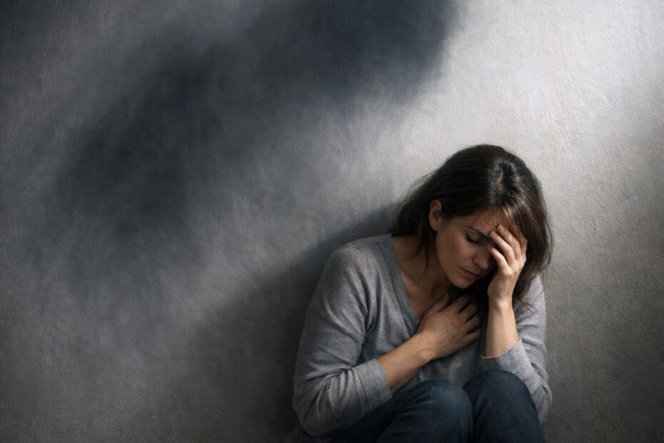 A woman sits in front of a wall, behind her a diffuse shadow. She is afraid.