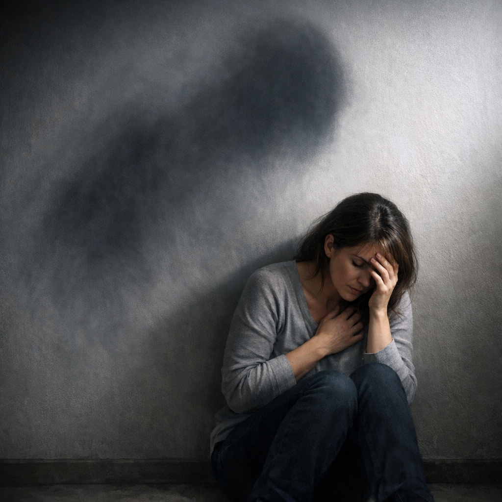 A woman sits in front of a wall, behind her a diffuse shadow. She is afraid.