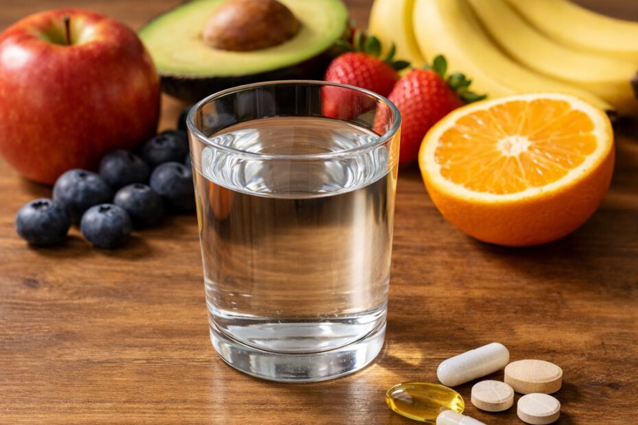 Fruit and supplements with a glass of water on a wooden table