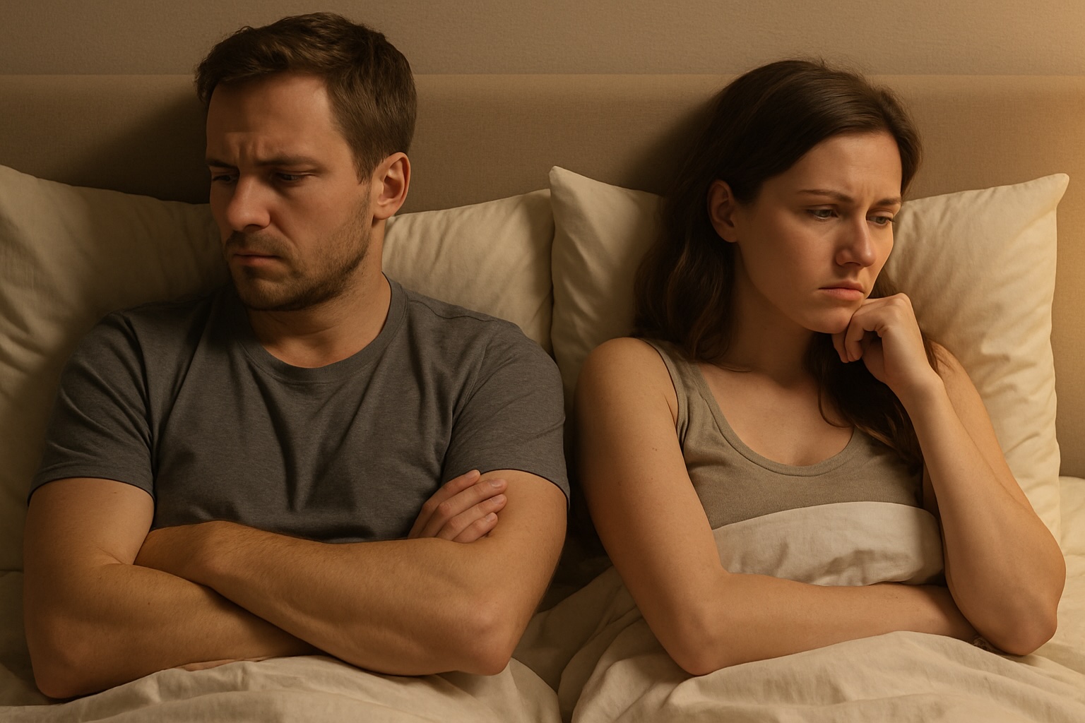 Couple lying back to back in bed, visibly frustrated – symbolizing loss of intimacy due to alcohol.
