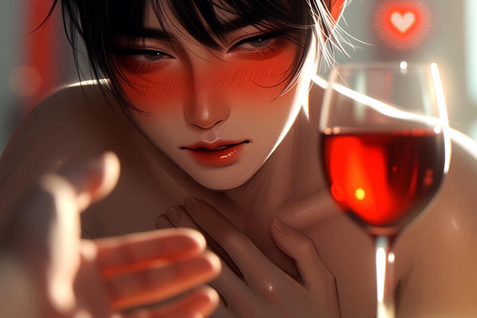 Woman looks at a wine glass with a reddened face. Artistic representation of a reaction to histamine.