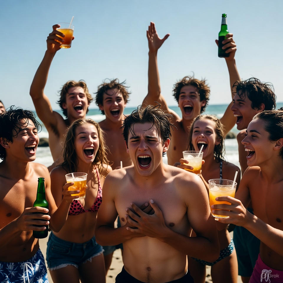 Group of young guys, spring break, beach party. One man develops heart problems.