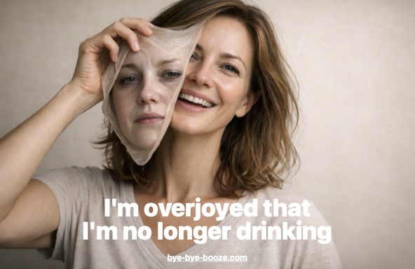 Woman pulls silicone mask off her face, which reflects her former self from the time when she was still drinking.