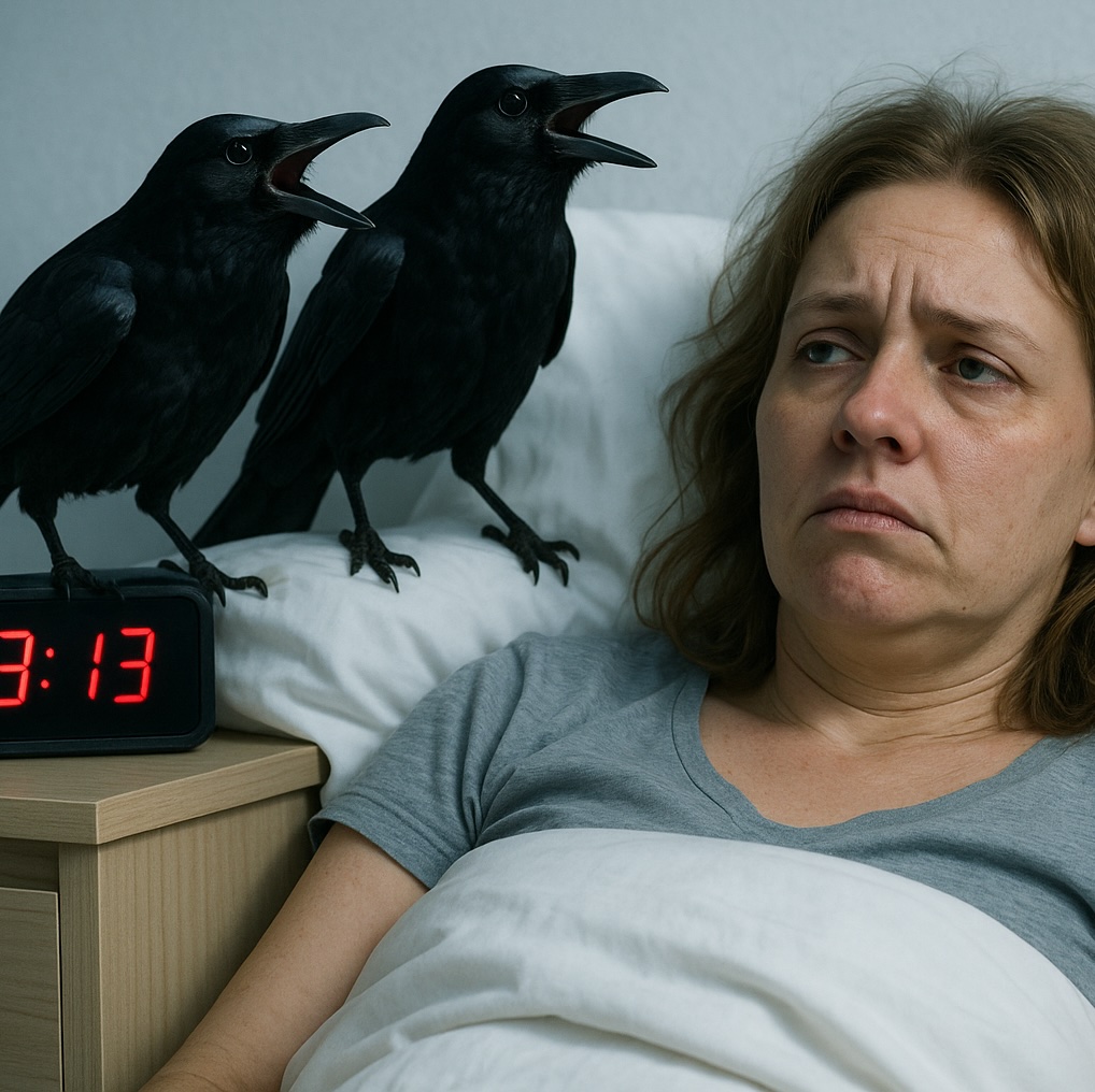 Woman lies awake in bed at 3:13 a.m.; crows as a symbol of fear, digital alarm clock