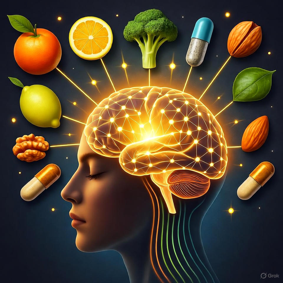 Semi-symbolic representation: A head viewed from the side, with the brain depicted as a glowing network. Colorful lines or streams of light flow into this network, originating from fruit, vegetables, and capsules.