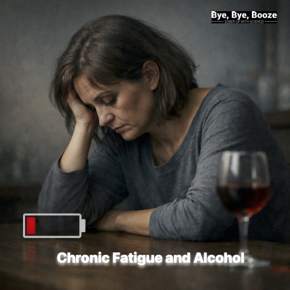 A woman sits exhausted at the table, next to her a half-full glass of red wine. In the foreground, a warning light indicating a low battery.