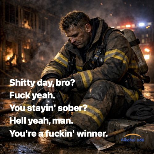 After battling flames all shift, a firefighter finally sitsnear to the glow he just tamed.