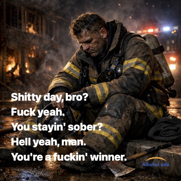 After battling flames all shift, a firefighter finally sitsnear to the glow he just tamed.