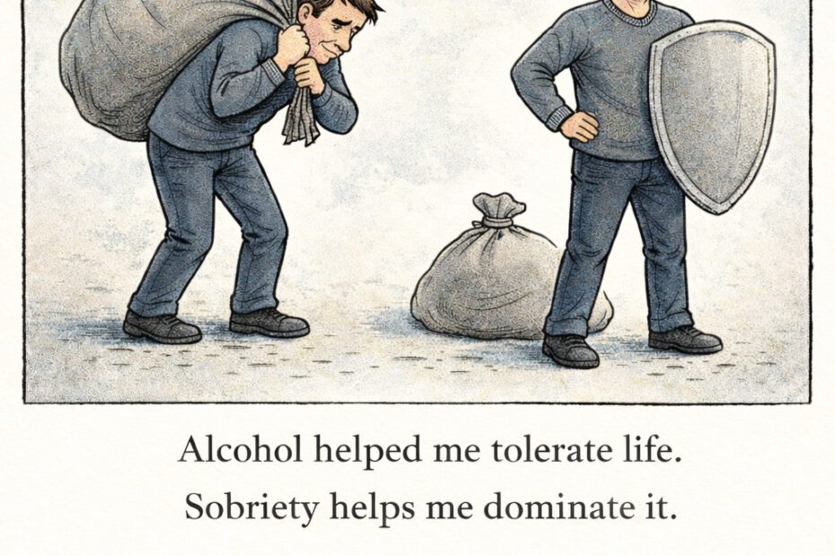 Comic. Man carrying a heavy load vs. man with a protective shield as a symbol of life with alcohol addiction and sobriety.