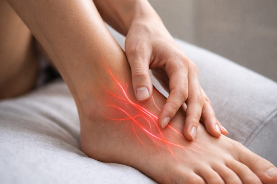 Female foot, a hand strokes the back of the foot. Nerve tissue indicated beneath the skin to symbolize polyneuropathy.