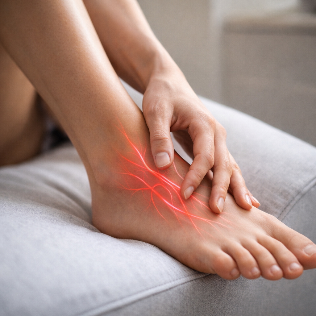 Female foot, a hand strokes the back of the foot. Nerve tissue indicated beneath the skin to symbolize polyneuropathy.