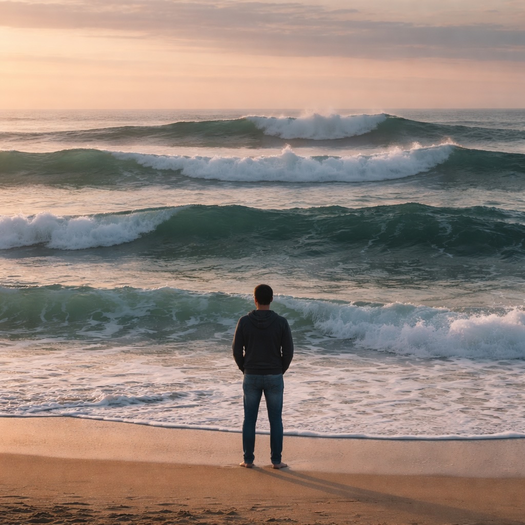 A lone figure stands on the beach, gazing out at the sea, where calm and choppy waves alternate—symbolizing the fluctuating phases following alcohol withdrawal (PAWS).